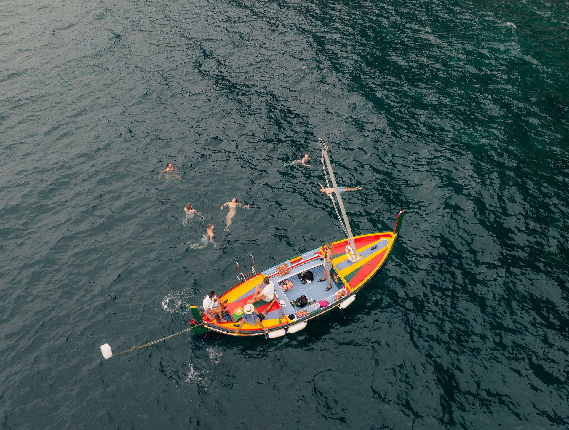 Aerial view of the Xavelha floating on textured Atlantic water