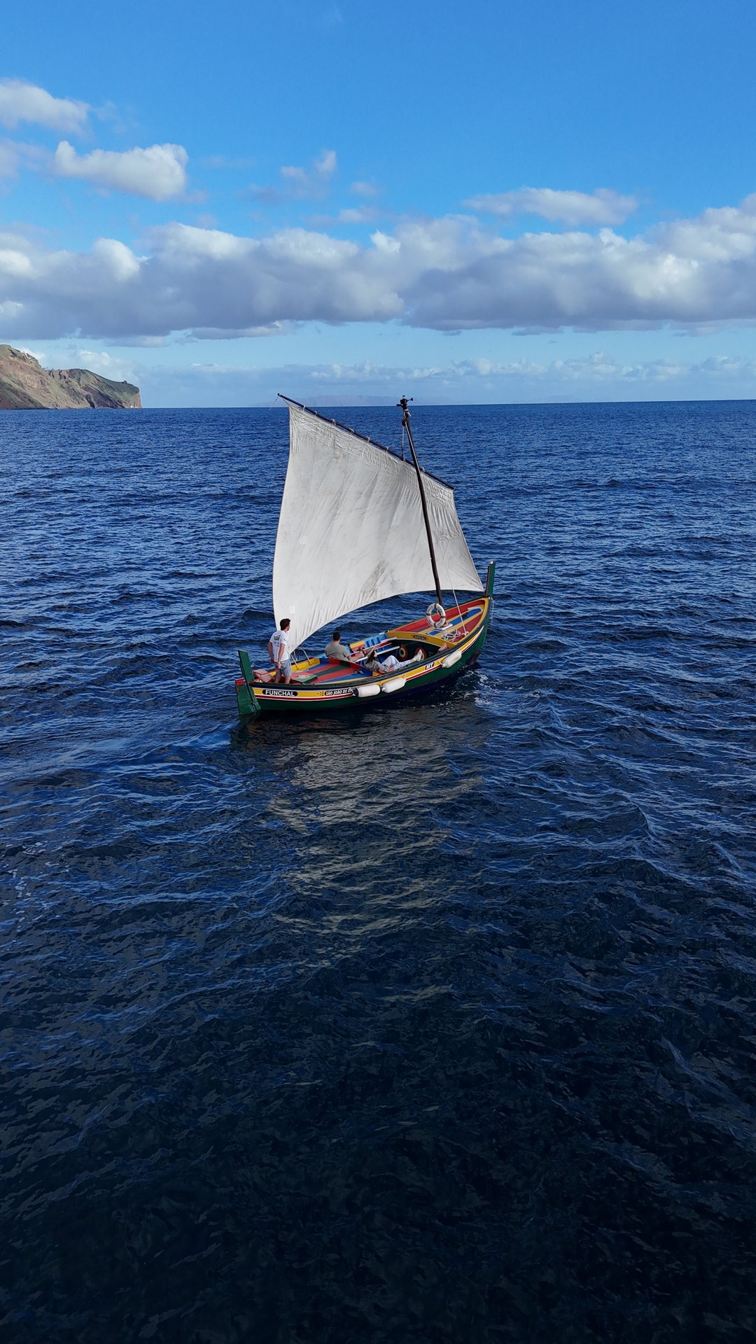 Aerial view of the Xavelha sailing across the open Atlantic